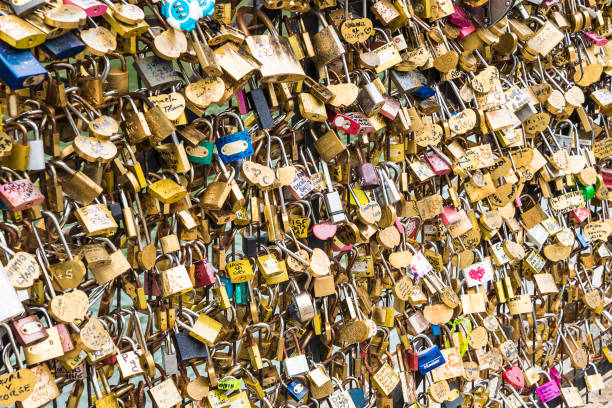 Paris, France; 07.16.2016: Wall of love padlocks in a parisian bridge
