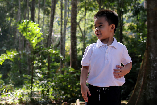 Portrait of an Asian preschool age boy in nature reserve forest