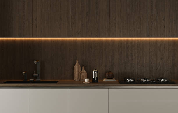 istock Sleek kitchen design with modern amenities and ambient lighting against a dark wood backdrop 2097099182