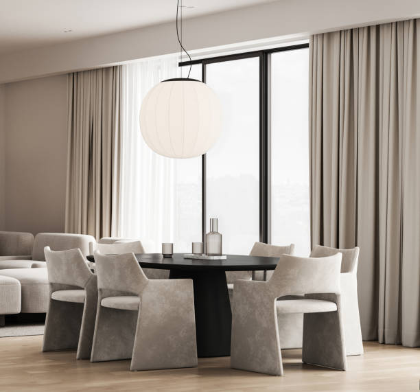 istock Modern nature style livingroom interior design with dining table and panoramic window background. 3d rendering. High quality 3d illustration 2097100279