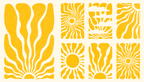 Sun groovy vertical backgrounds set. Various sun burst hippie posters with vintage noise texture, hand drawn abstract wavy patterns in 60s, 70s. Modern retro Fauvist style style vector illustration