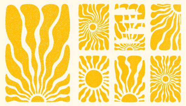 Sun groovy vertical backgrounds set vector illustration Sun groovy vertical backgrounds set. Various sun burst hippie posters with vintage noise texture, hand drawn abstract wavy patterns in 60s, 70s. Modern retro Fauvist style style vector illustration Psychedelic stock illustrations