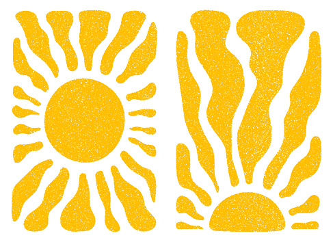 Sun groovy retro elements set isolated on transparent background. Organic abstract wavy shapes and vintage grainy stippling texture. Modern retro Fauvist style style vector illustration