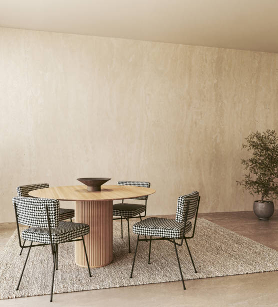 istock Contemporary dining set with houndstooth chairs and wood table 2097106270