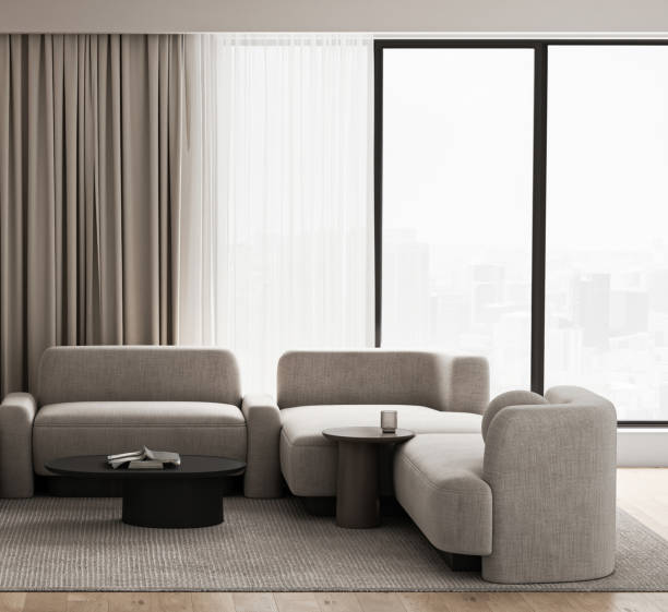 istock Luxurious living room with plush seating and floor to ceiling windows offering a panoramic city view. 3d render 2097107417