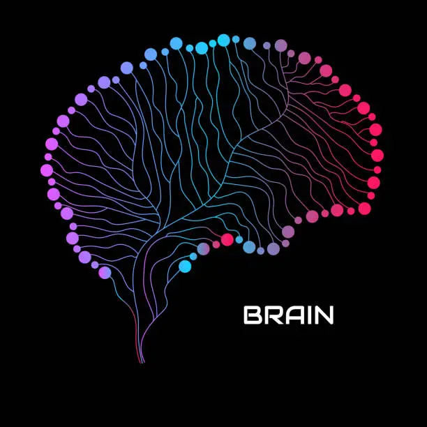 Vector illustration of Abstract human brain of lines on black background