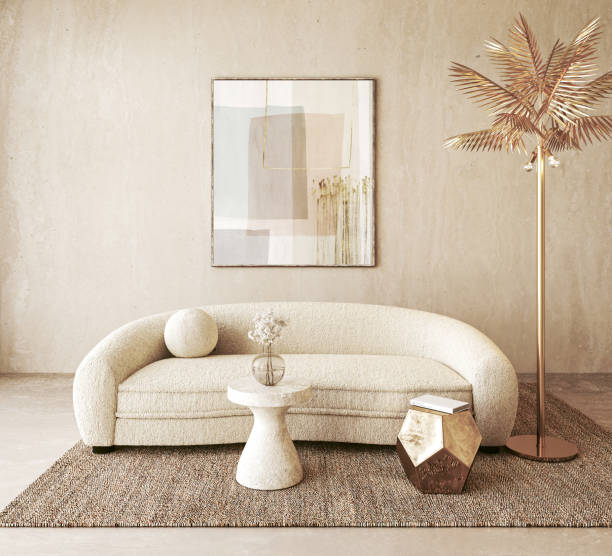 istock A study in textures and shapes. An inviting sofa scene with abstract art and a metallic palm tree light, render in a 3d textured living space 2097116953