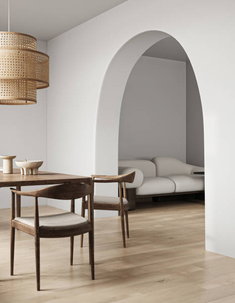 istock Modern style wooden interior with arch and dining table background. Nature lamp design. 3d rendering. High quality 3d illustration 2097147548