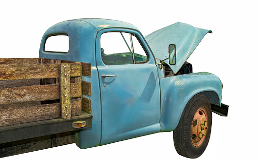 old truck with wood stake bed, cut out, white background, advertising space, side view, hood open