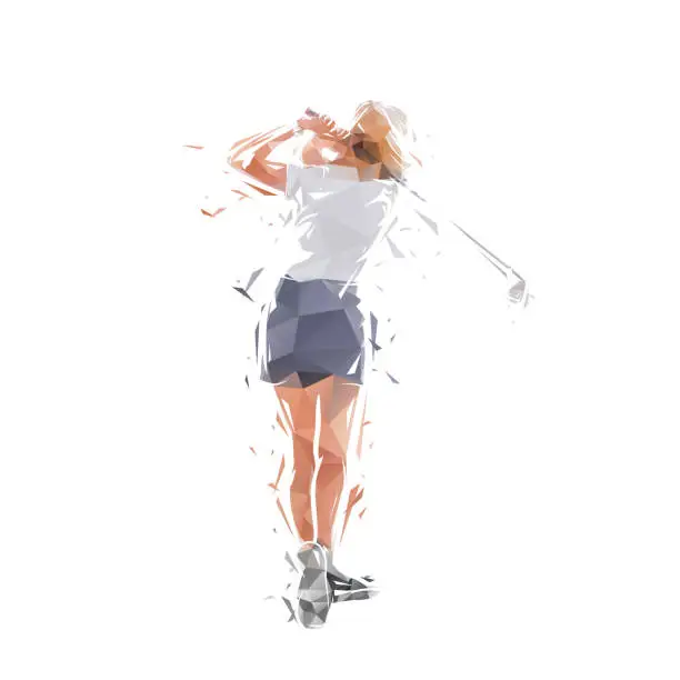 Vector illustration of Golf player, female golfer. Isolated low poly vector illustration of woman playing golf, geometric drawing