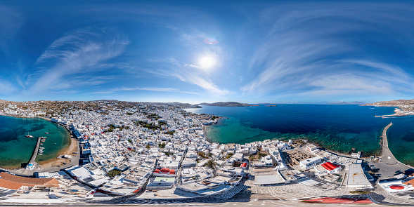 Amazing aerial view of Mykonos town with Nikos tavern, townhouse and Steno Portas on a sunny summer day.