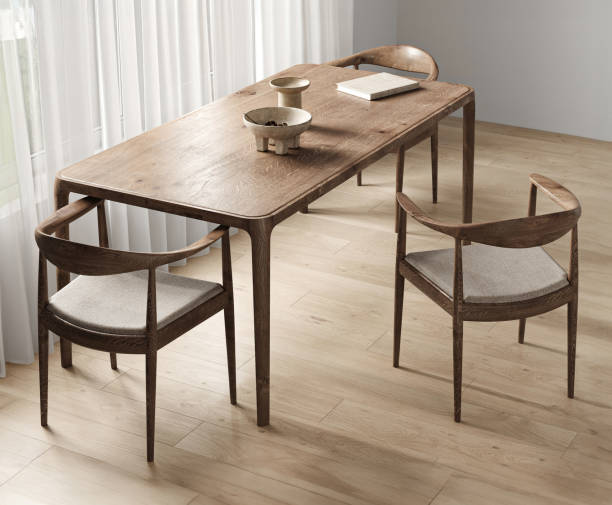 istock Modern style wooden interior with window and dining table background. Nature design. 3d rendering. High quality 3d illustration 2097159652