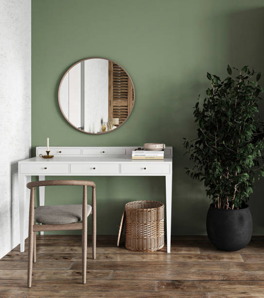 istock Scandinavian inspired vanity area with sleek white table, round mirror, and vibrant greenery 2097160698