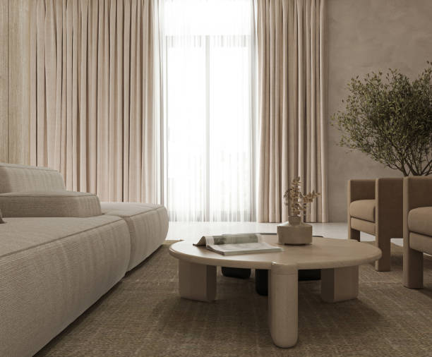 istock Luxurious living room with sheer curtains and a round coffee table, enhancing a tranquil atmosphere 2097170267
