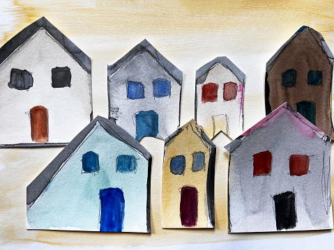 Houses Mixed media watercolor and pencil