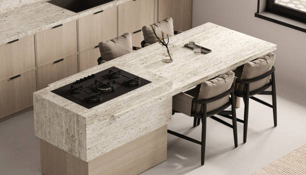 istock Minimalist kitchen with stone island and bar seating 2097185544