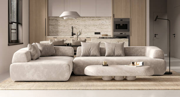 istock Spacious modern living room with beige sofa and open kitchen, elegant interior 3d render 2097187176