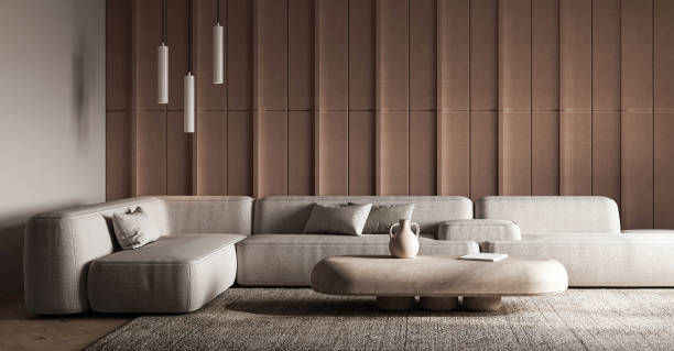 istock Modern textured living room with sleek sectional and pendant lights 3d render 2097190883