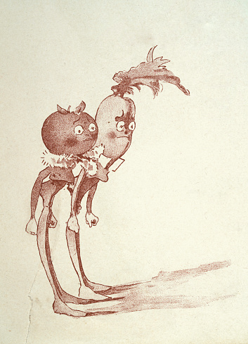 Vintage illustration Caricature of a magical tomato man and carrot man, The Vege-men's revenge, children's book illustration, Florence K Upton, 1890s