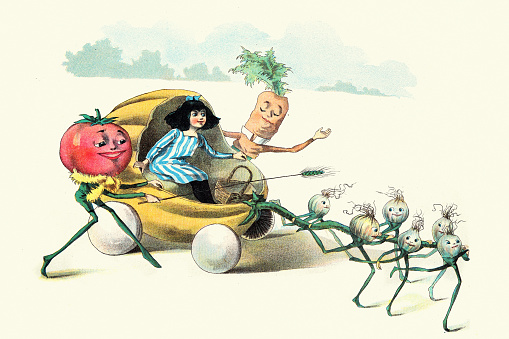 Vintage illustration Girl riding in magical carriage, Tomato, Carrot man, Spring onions, The Vege-men's revenge, children's book illustration, Florence K Upton, 1890s