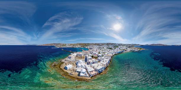 vista aérea de la iglesia de panagia paraportiani desde el mar - scenics multi colored greece blue fotografías e imágenes de stock
