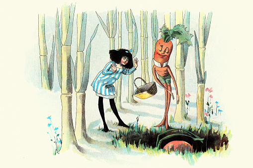 Vintage illustration Girl with a magical talking Carrot man, The Vege-men's revenge, children's book illustration, Florence K Upton, 1890s