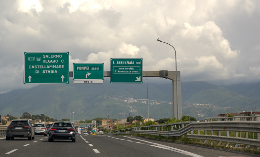 View of traffic on Italian freeway leading from Naples to Pompei and Amalfi coast towns.