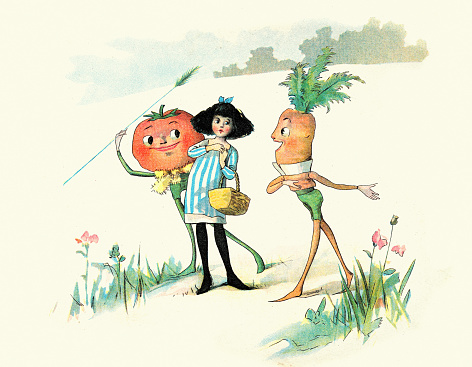 Vintage illustration Little girl with a carrot man and tomato man, The Vege-men's revenge, children's book illustration, Florence K Upton, 1890s