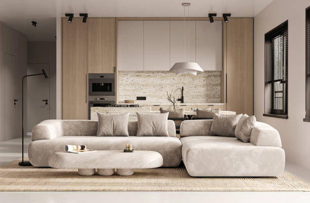 istock Plush lounge sofa in open concept living area 2097208757