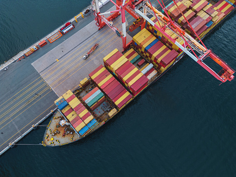 Aerial view of a container ship being unloaded/loaded.