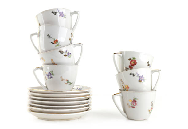 istock Coffee Tea cups and plates isolated on white background. 2097214487