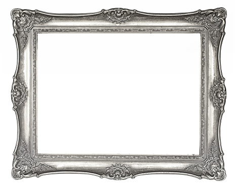 Silver vintage picture frame in high resolution isolated on white background, vintage look with paint peeling partly off