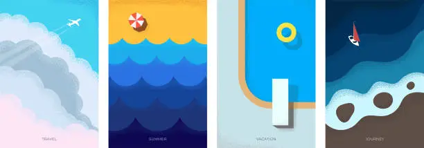 Vector illustration of Abstract retro minimal summer travel poster set. Plane flies in clouds on holiday vintage print. Yacht on sea and beach with swimming pool on vacation trendy minimalist placard. Summertime journey