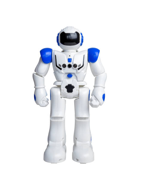 istock Isolated white robot with blue details and various sensors for movement and action 2097218629