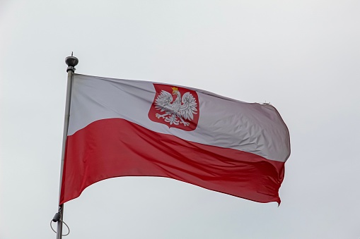 White and red Polish flag with the Polish crowned eagle on grey sky background