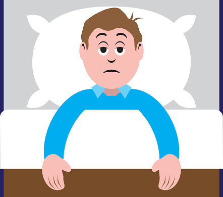A cartoon man is lying in bed trying unsuccessfully to fall asleep