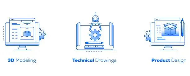 Vector illustration of Illustrations for Product Design, Technical Drawings, and 3D Modeling. Design Mastery Unleashed. Product Packaging, Technical Blueprints, and Modeling. Gradient Style Illustration.