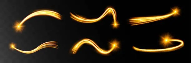 Vector illustration of Light wave,shiny gold lines.Color glowing design element.Wavy bright stripes.Vector illustration.