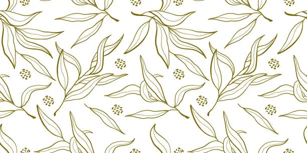 Vector illustration of seamless pattern with gold olive branches isolated on white background.