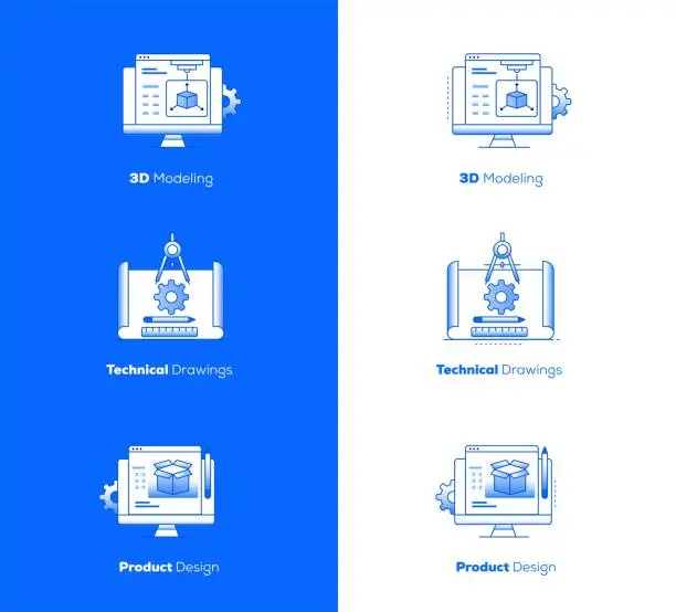 Vector illustration of Illustrations for Product Design, Technical Drawings, and 3D Modeling. ynamic Product Design, Expert Drafting, and Revolutionary 3D Modeling Innovations