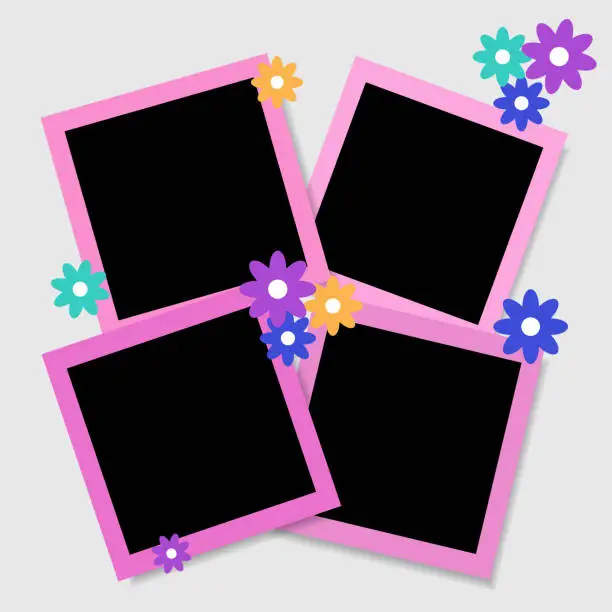 Vector illustration of Set of photo frame mockup  scrapbook realistic with flowers and with shadows on grey background. Vector illustration