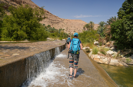 Back view o a senior woman, with blue backpack, walking on flooded path, after heavy rain.  There is a swollen river in oasis Wadi Bani Khalid, Oman.