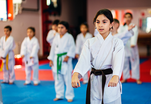 Little  Girl Training During a Karate Class