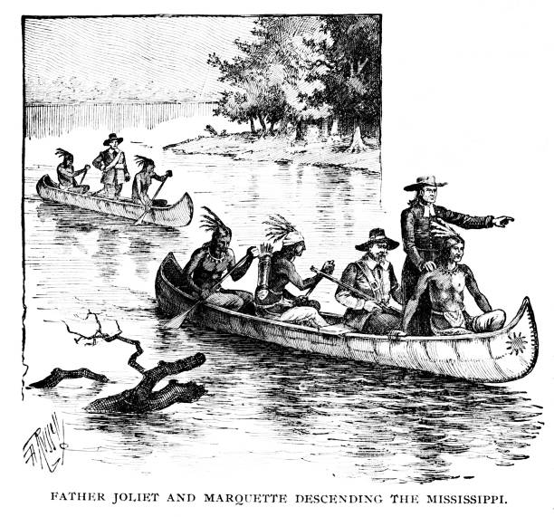 Jesuit Priest Jacques Marquette and Fur Trader Louis Joliet Explore Mississippi River, 17th Century North American History Jacques Marquette, a Jesuit priest, and Louis Joliet, a fur trader, explored the Mississippi River in 1673. Illustration engraving published 1895. This edition is in my private collection. Copyright is in public domain. famous archer stock illustrations