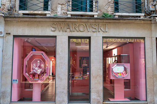Venice, Italy- Feb 27, 2023: The front of Swarovski store in Venice Italy.