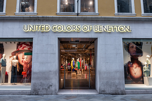Venice, Italy- Feb 27, 2023: The front of United Color of Benetton in Venice Italy.