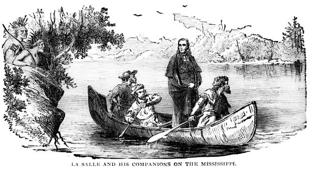 French Explorer La Salle Explores Mississippi River, 17th Century North American History René-Robert Cavelier, Sieur de La Salle (November 22, 1643 – March 19, 1687), was a French explorer and fur trader in North America. He explored the Great Lakes region of the United States and Canada, and the Mississippi River. Illustration engraving published 1895. This edition is in my private collection. Copyright is in public domain. famous archer stock illustrations