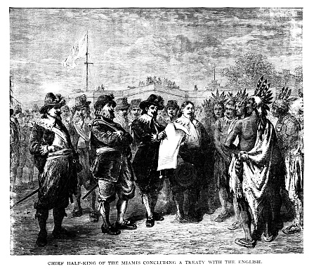 Little Turtle signs the Treaty of Greenville, in 1784, where a confederacy of Indians cedes much of Ohio and parts of Illinois, Indiana, and Michigan. Illustration published 1895. Copyright expired; artwork is in Public Domain.