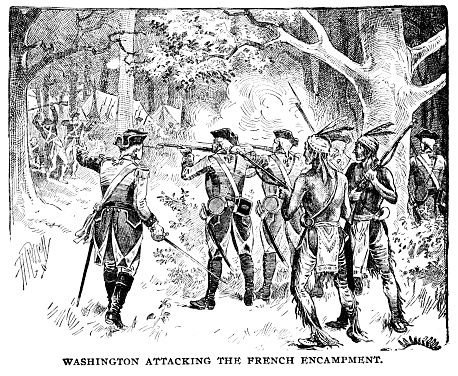 George Washington fires a rifle at French soldiers in the French and Indian War, 1772-63, Illustration published 1895. Copyright expired; artwork is in Public Domain.