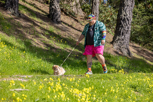 Portrait of a happy, psychedelic looking man in the park with his tan Pekingese dog, enjoying a hike on a bright and sunny day.